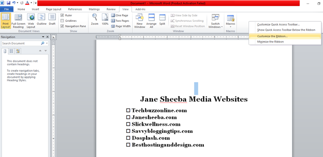 Creating a printable checklist in Word-customize ribbon