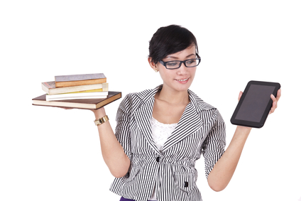 Woman with books and iPad