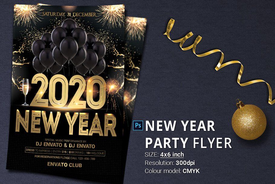 black gold new year party psd flyer