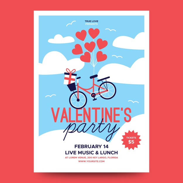 lovely valentine party poster heart balloons bicycle