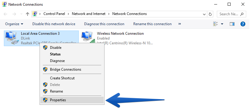 network connection properties