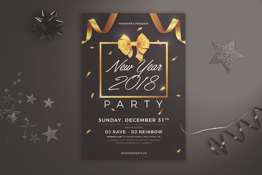 new year party flyer bow ribbons