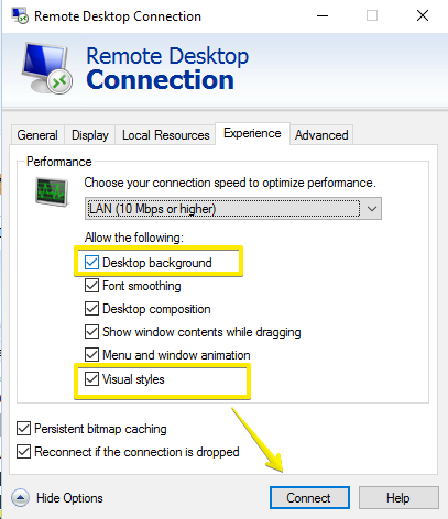 remote desktop connection-visual styles